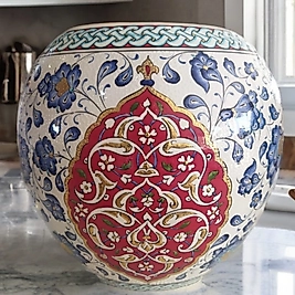 Altın Yaldızlı El Dekoru Çini Saksı - 32 cm