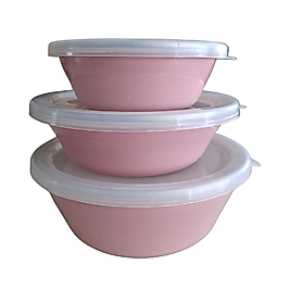 3'lü Kapaklı Emaye Saklama Kabı - Pembe